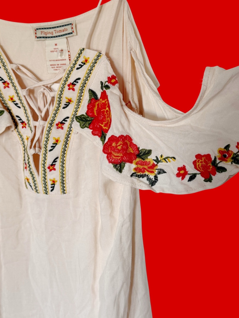 NWT Flying Tomato Women's Cream Embroidered Cold-Shoulder dress